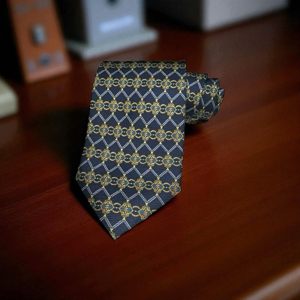 MONSIEUR ELYSEES PARIS Men's Slik Tie - Navy Blue Ornate Geometric Damask 59.5"